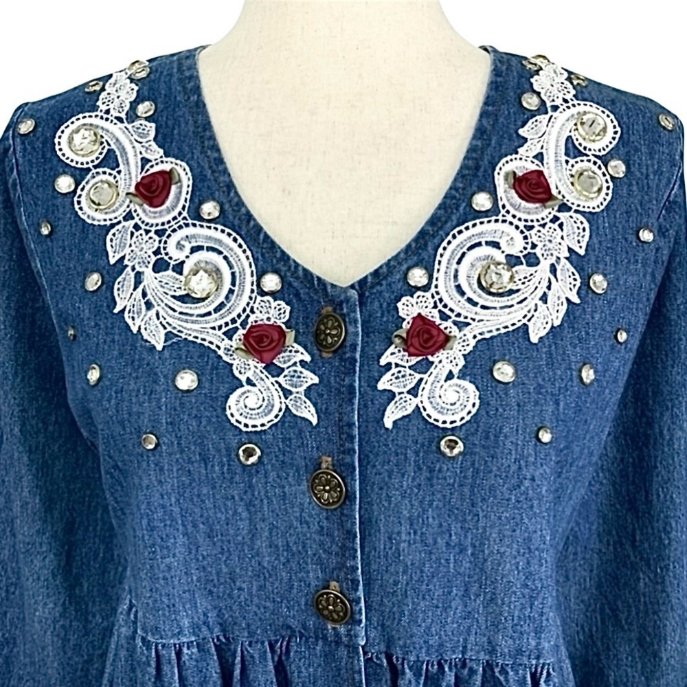 Vtg 90s Rhinestone Lace Embellished Rose Denim Dress Size M Button Front Midi